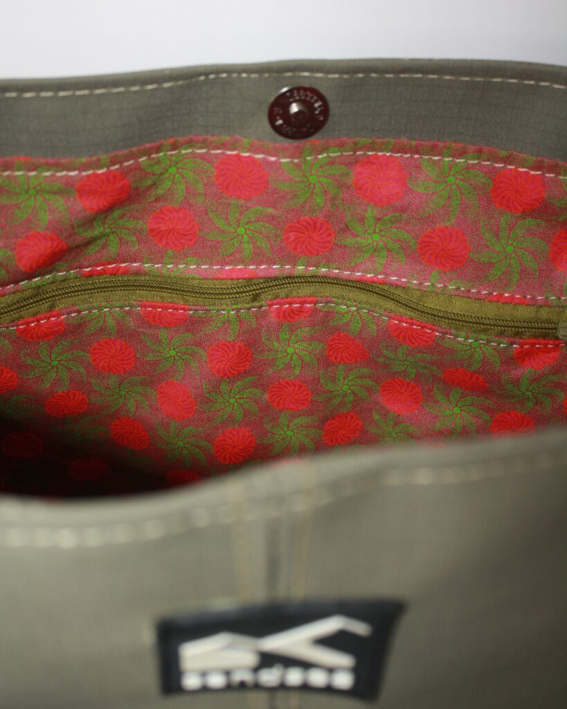 Interior of Olive Green Kokule Handbag – Spacious and Lined with Traditional Namibian Patterns